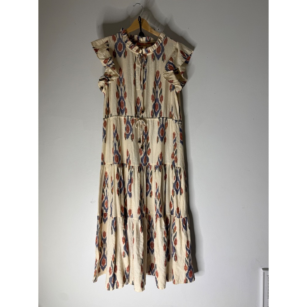 Oliphant Women Ikat Tiered Midi Dress Cotton Flutter Sleeve Boho Cream Blue M